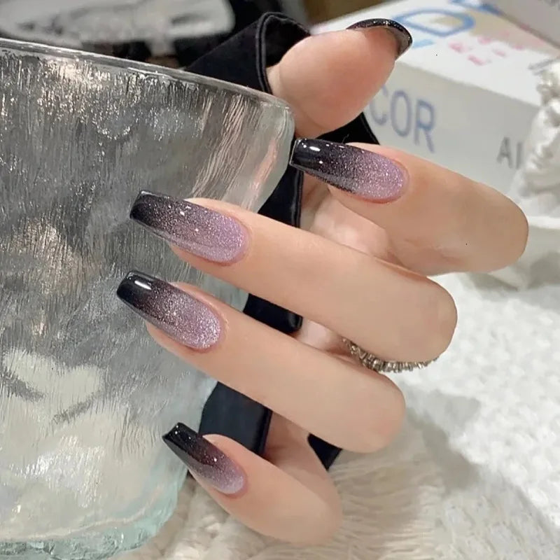 24pcs Galaxy Star Gradient Black Purple Nail Art Glitter Long Press on Nails with Charms Summer Korean Coffin False Nails Girls