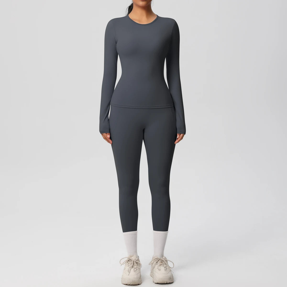 Summer 2PCS Women's Yoga Suit Solid Color High Stretch Slim Casual Long Sleeves Quick Drying Push Up Women Pockets Pants Set