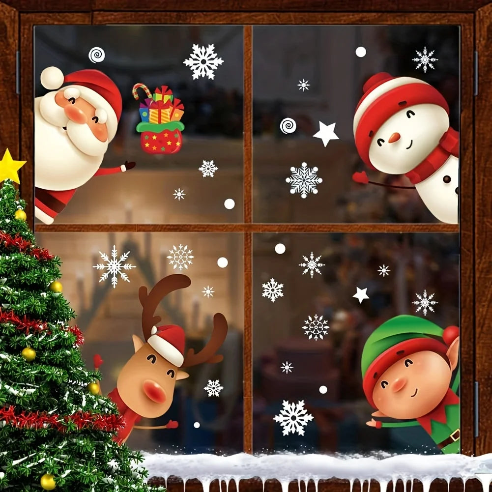 1 Set Christmas Window Clings Stickers - Santa, Reindeer, Snowman & Snowflake Designs,Indoor/Outdoor Use, Festive Decoration