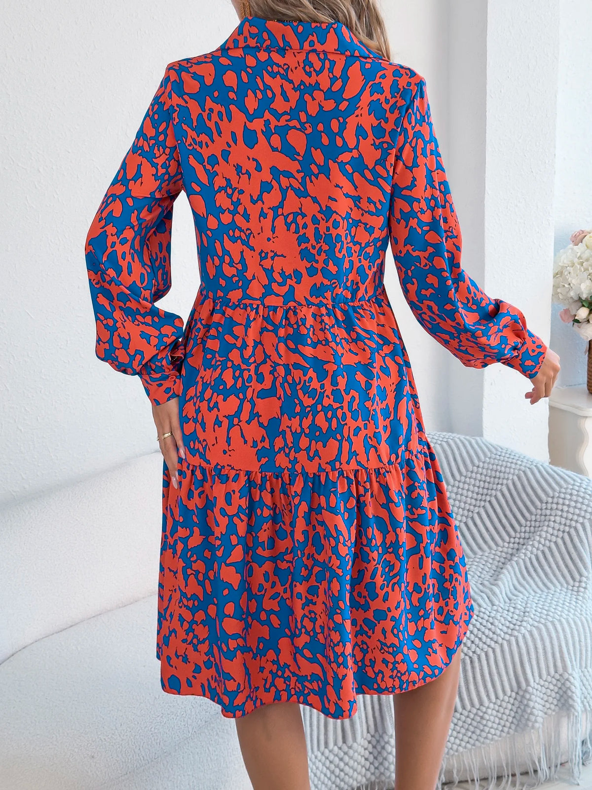 Spring Autumn Casual Vacation Single Breasted Turn Down Collar Long Sleeved Leopard Print Dresses for Women
