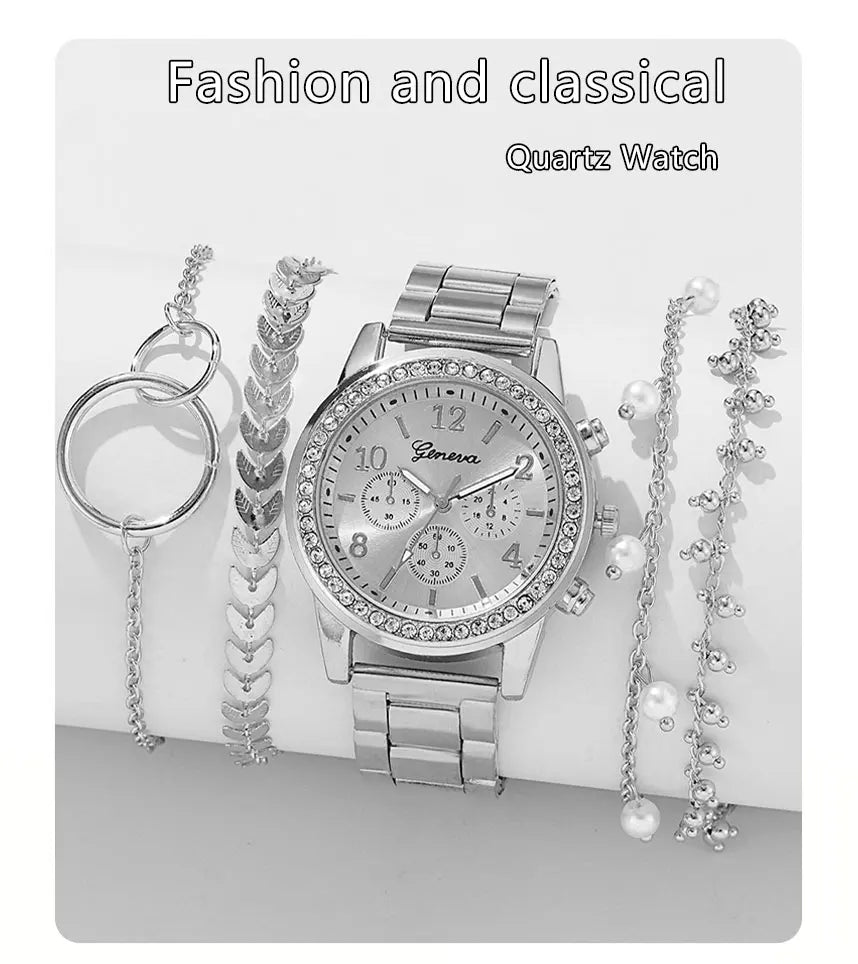5PCS Quartz Watch Set Women Fashion Silver Round 3 Eyes Alloy Strap Wristwatch Gift Rhinestone Watch For Women Jewelry Set