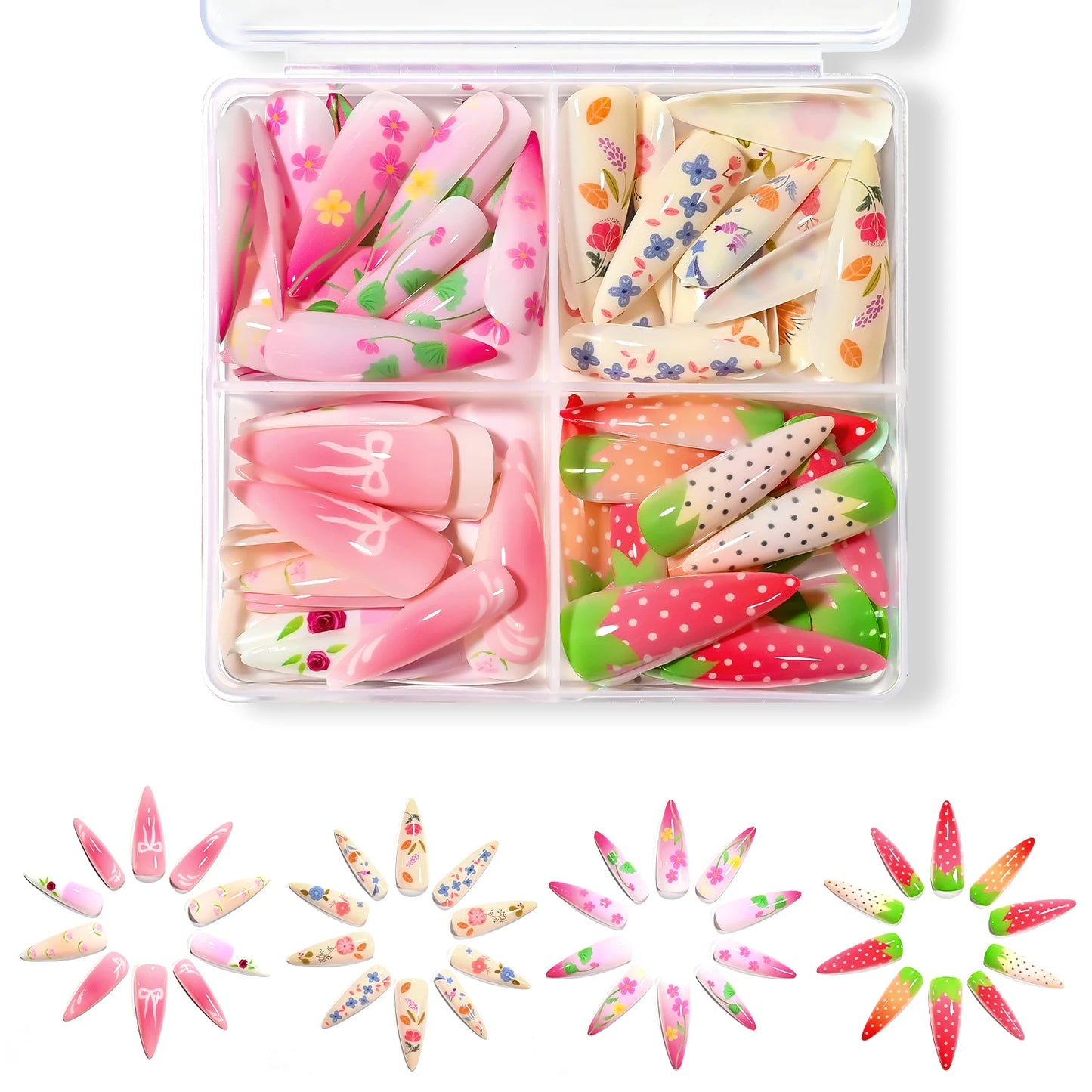 96pcs Gradient Pink Strawberry Design Long Almond False Nails Full Cover Fake Nails Tips Extension Floral Bow Press on Nails
