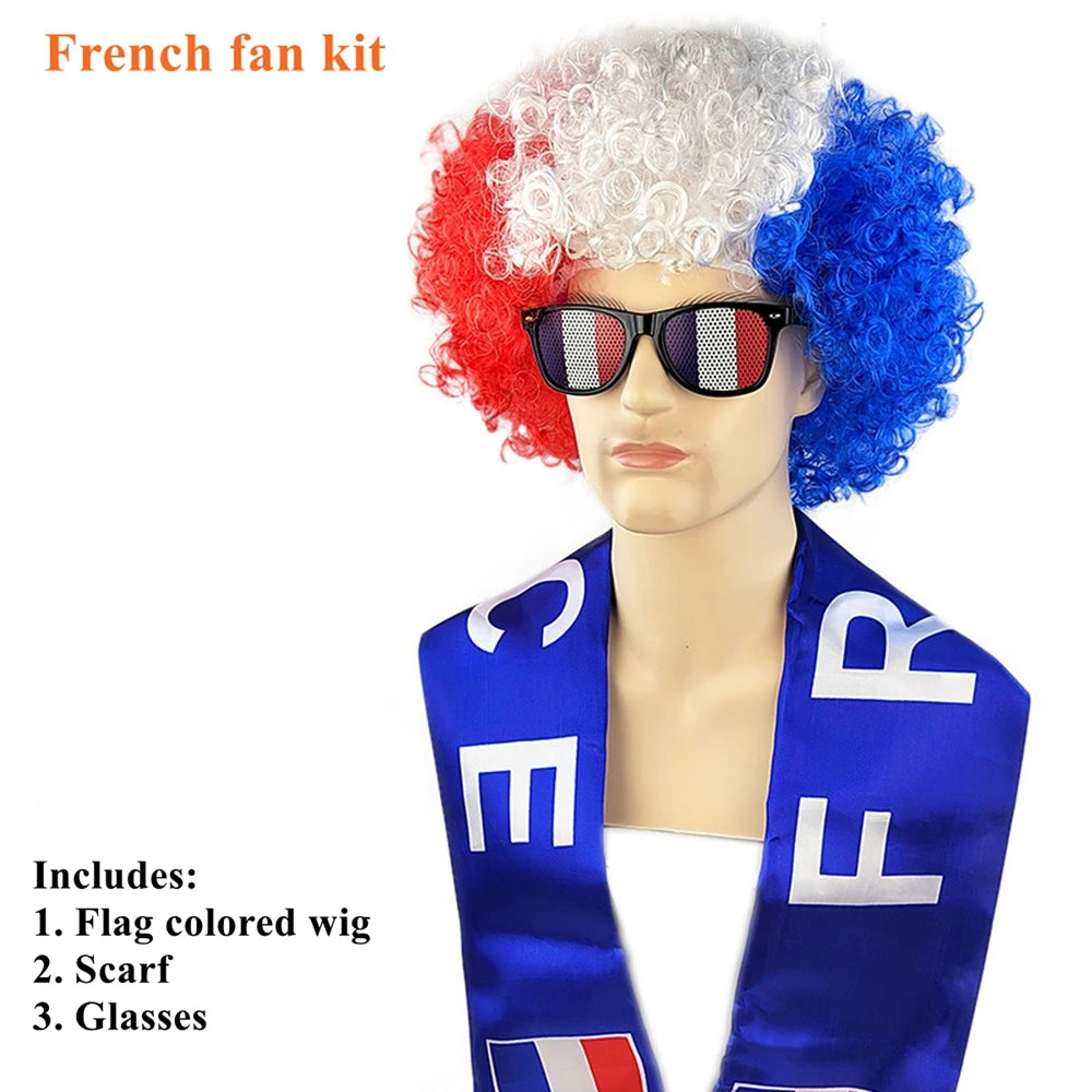 National Flag Color Explosion Wig Set - طقم باروكة مشجعين بألوان الأعلام مع وشاح ونظارات