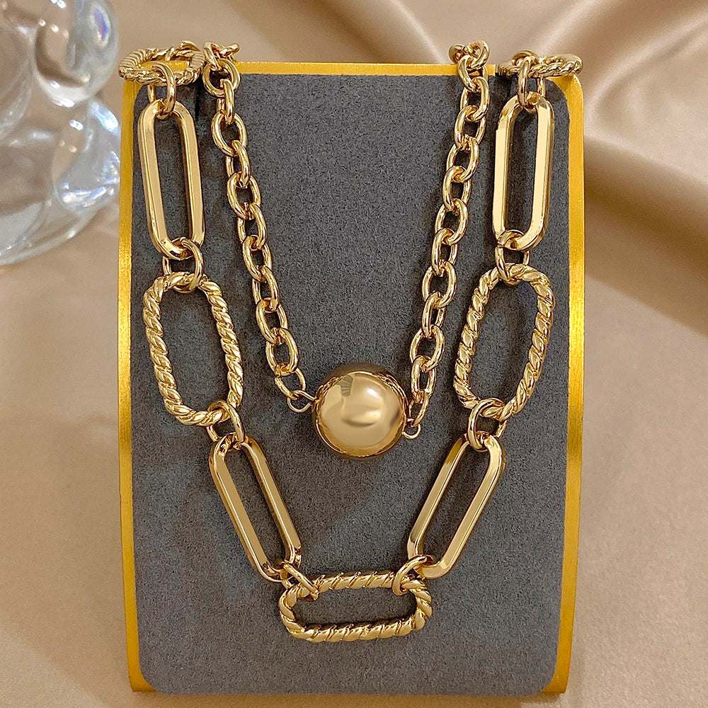 Flashbuy Chunky Multilayer Alloy Gold Color Chain Ball Pendant Necklaces for Women Statement Daily Fashion Jewelry