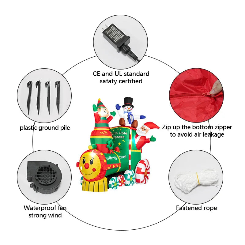 1.8M/5.9FT High Quality Christmas Inflatable Led Light-Up Santa Claus Train With Gift Box Christmas Inflatable Santa with Blower