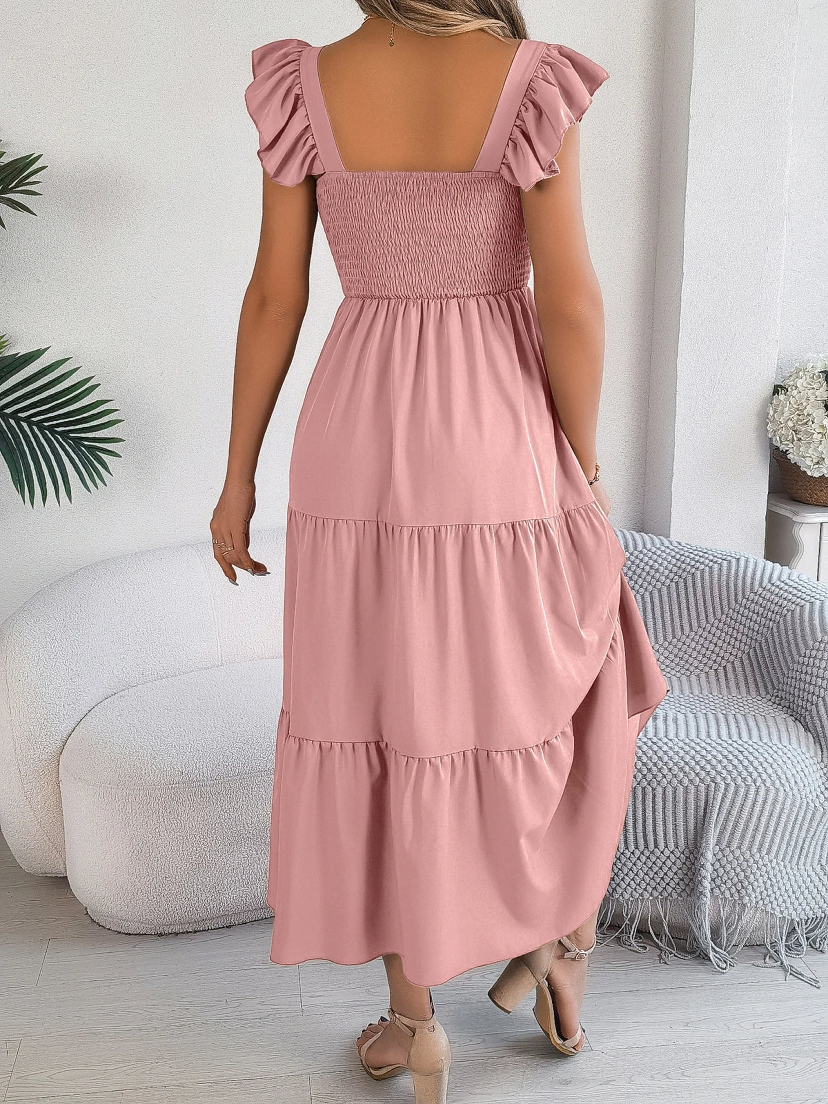 Spring Summer Solid Color Edible Tree Fungus Edge Square Neck Sleeveless Holiday Dress Elegant Long Dresses for Women Rose Blue