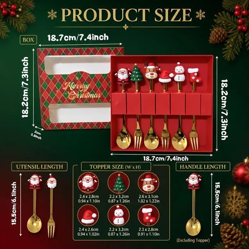 6Pcs Festive Christmas Spoon Fork Set with Gift Box,Golden Stainless Steel Coffee Tea Dessert Cutlery,Christmas Gift for Holiday