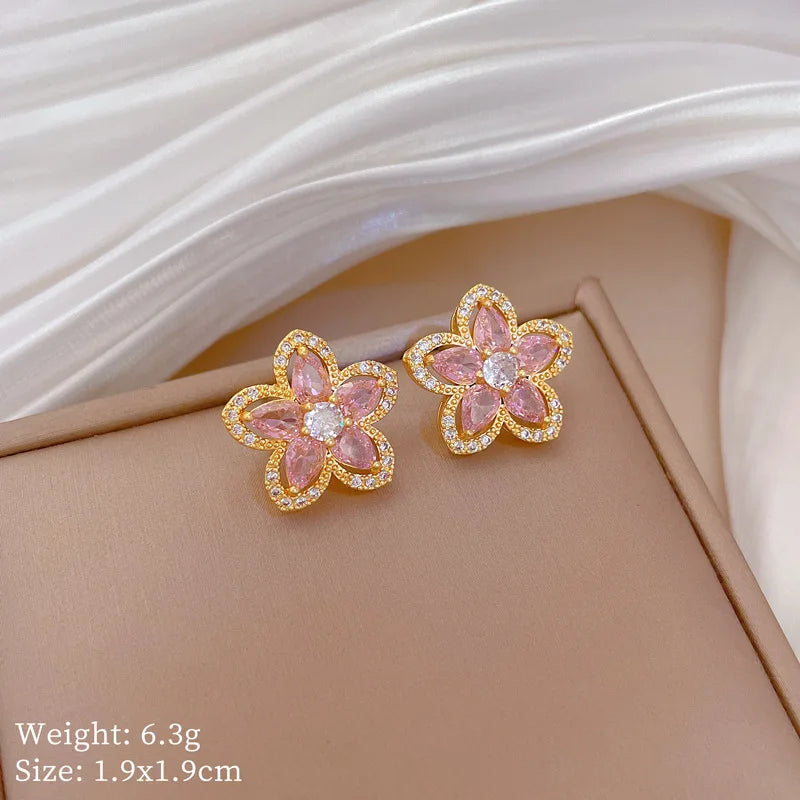 ZAKOL Stainless Steel Chain Luxury Sweet Pink Crystal Flower Necklace Stud Earrings Jewelry Set Accessories Gifts for Women