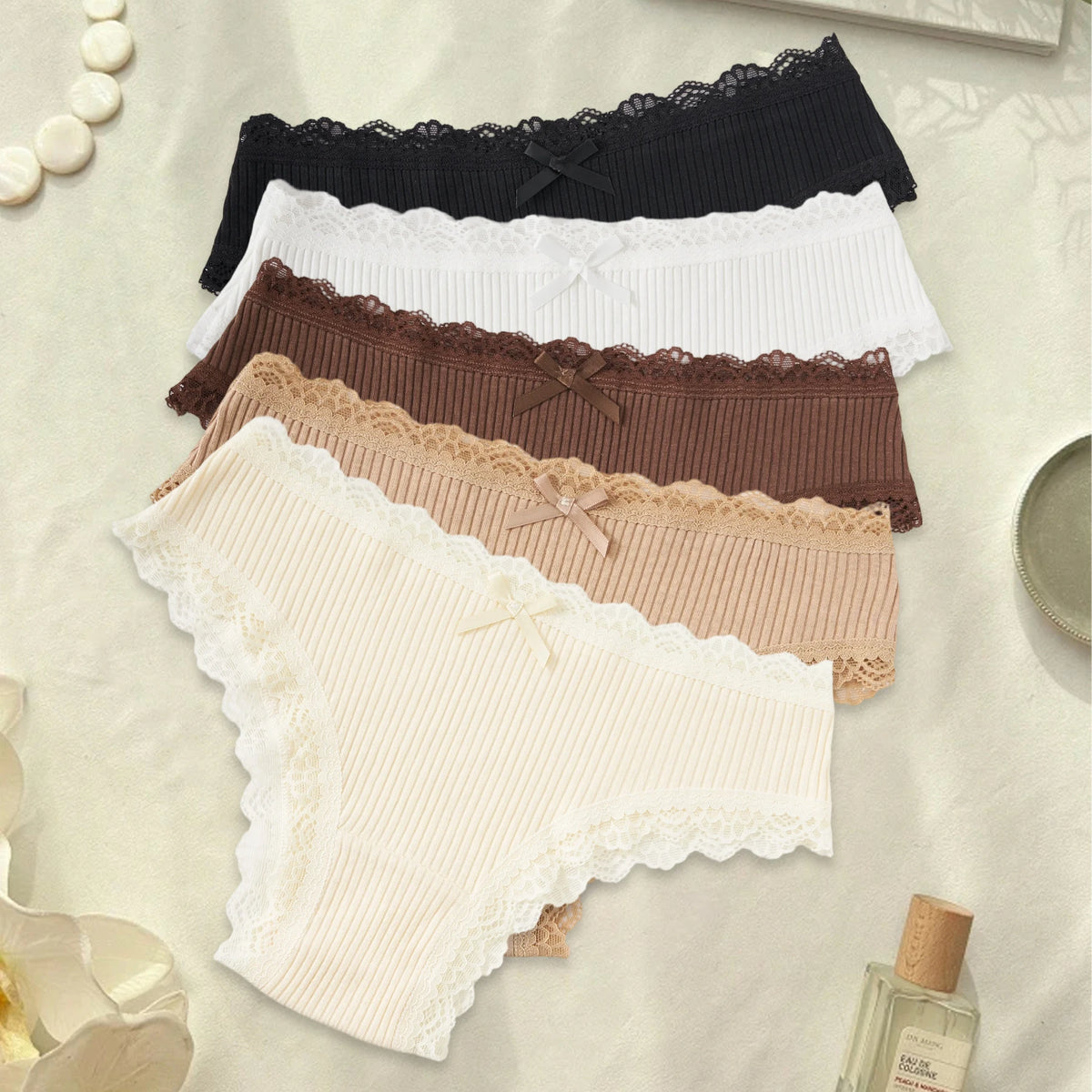 5PCS/Set Solid Colors Women's Underwear Cotton Ribbed Briefs Soft Breathable Panties Lace Trim Sexy Low-Rise Lingerie Everyday