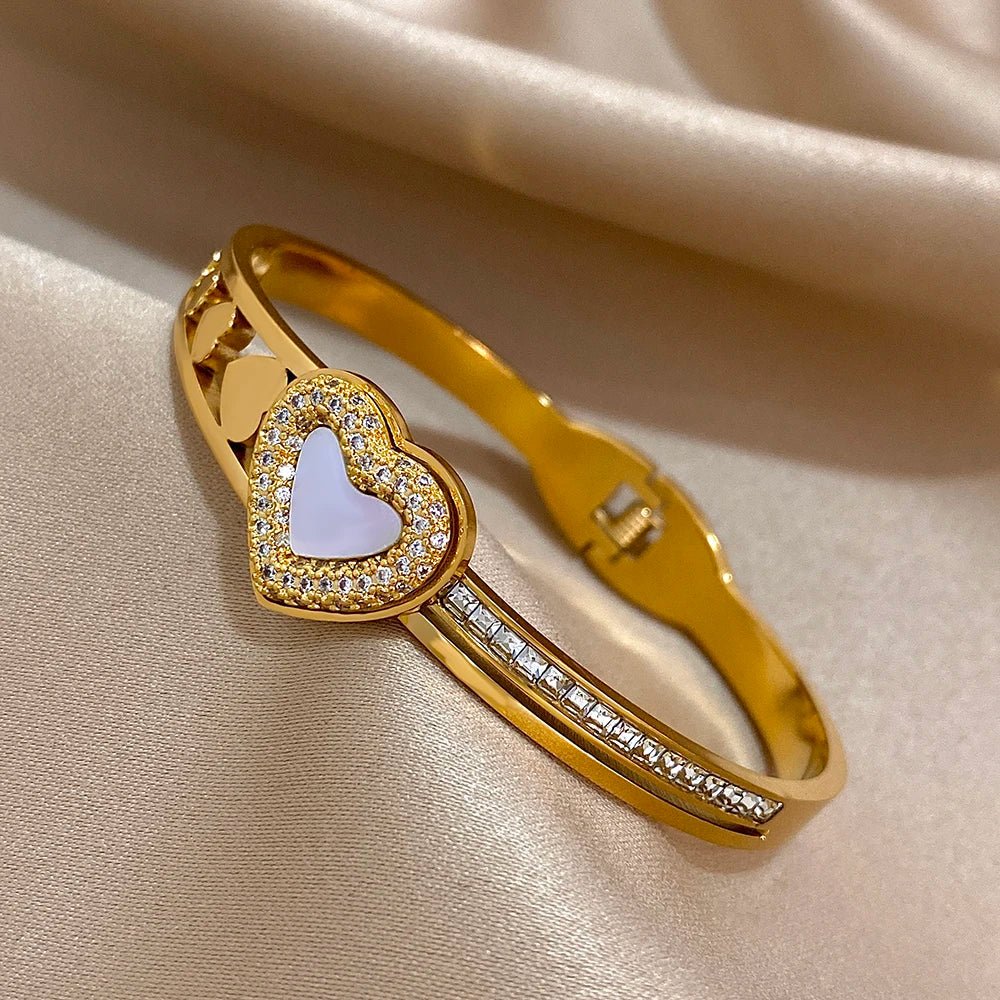 Flashbuy New Design Cubic Zircon Stainless Steel Bangles Bracelets for Women Geometric Gold Color Waterproof Fashion Jewelry