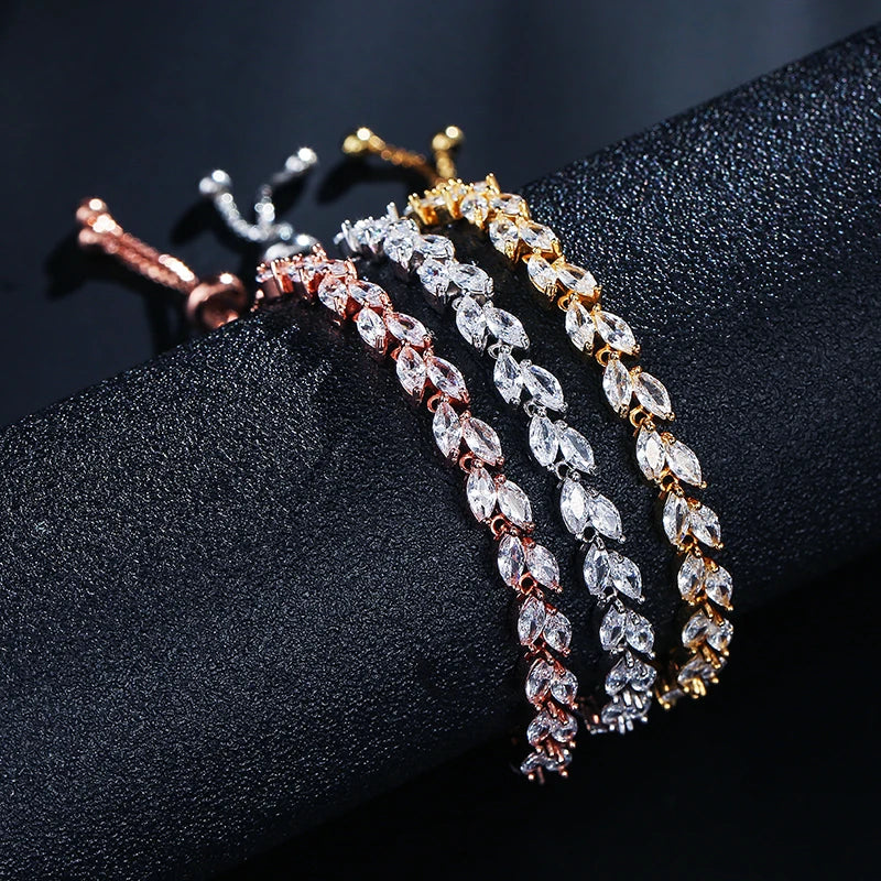 ZAKOL Trendy Cubic Zirconia Leaf Bridal Bracelets Bangle for Women White Color Crystal Adjustable Bracelet Wedding Jewelry