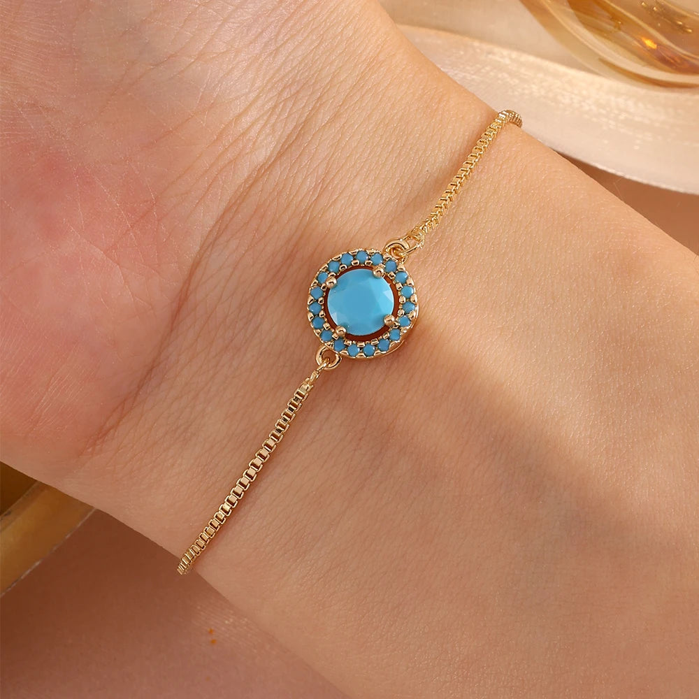 ZAKOL Simple Elegant Blue Turquoise Round CZ Adjustable Chain Bracelet Cute Daily Accessories for Women Girls