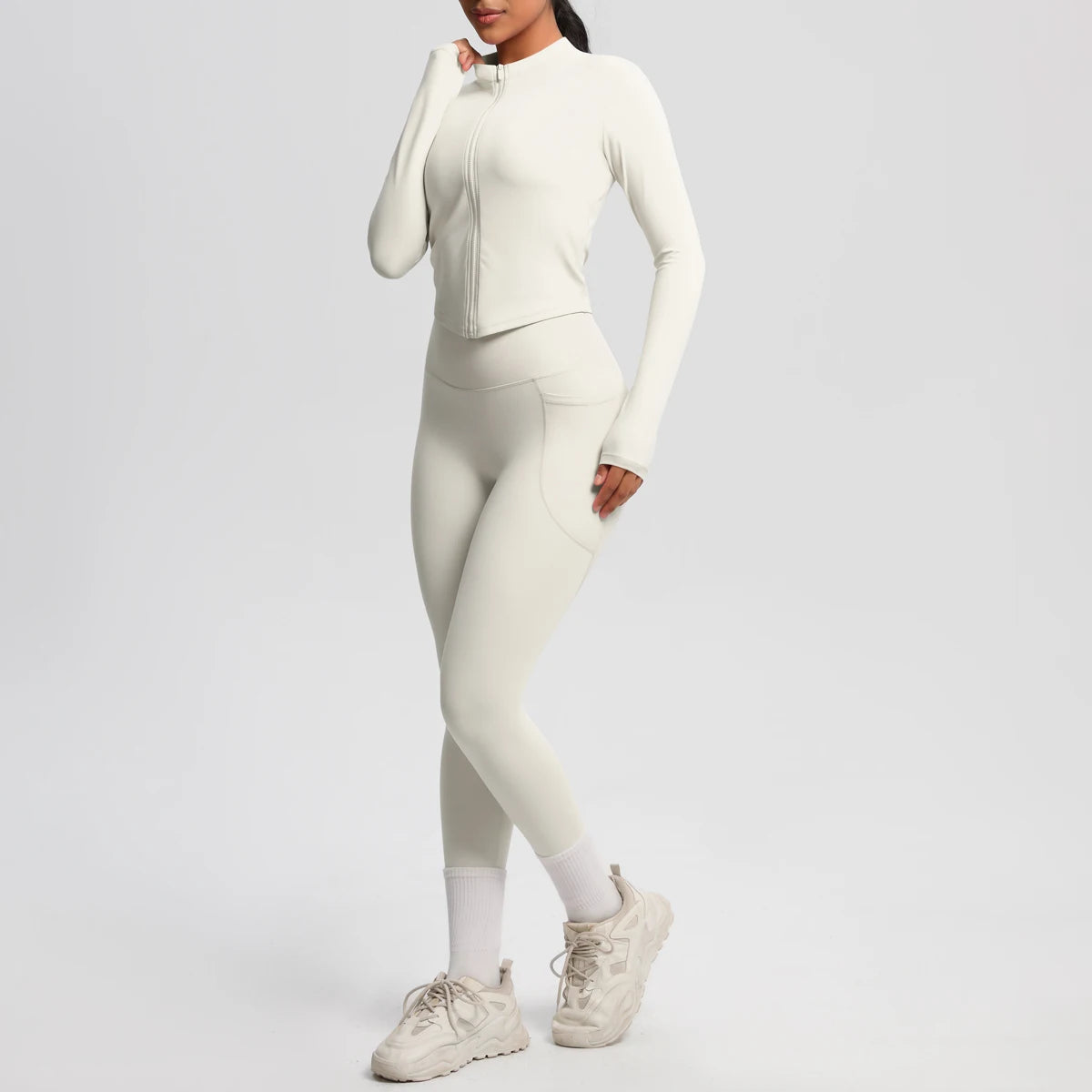 2PCS Yoga Suit Women Gym Set Leggings With Pocketed Women Tracksuit Running Zipper Workout Sportswear Long Sleeve Sports Shirt