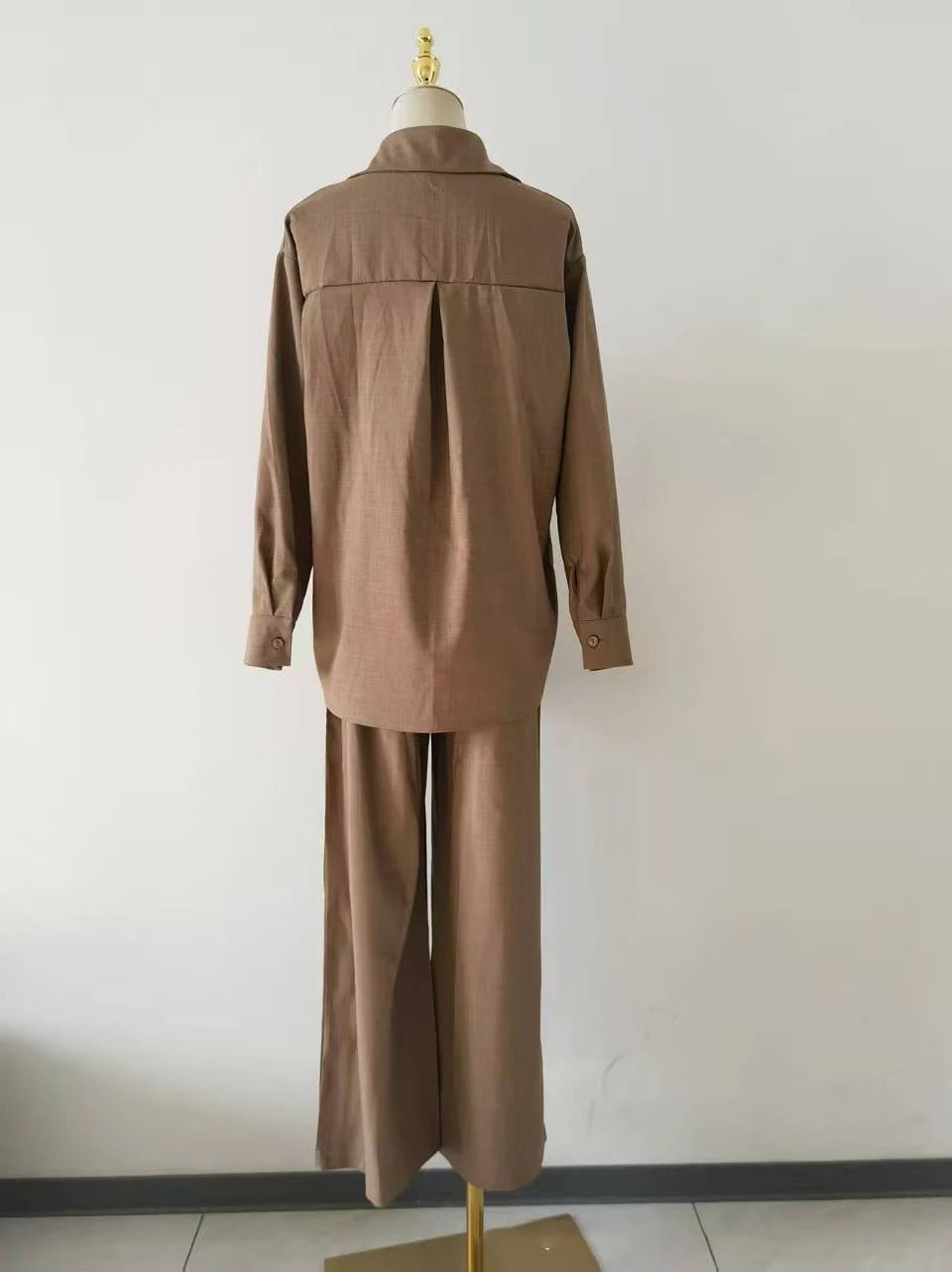 2026 New Women Linen Two Piece Outfit Set Lapel Long Sleeve Button Shirts Elastic Waist Wide Leg Pants Casual Loose Home Suit