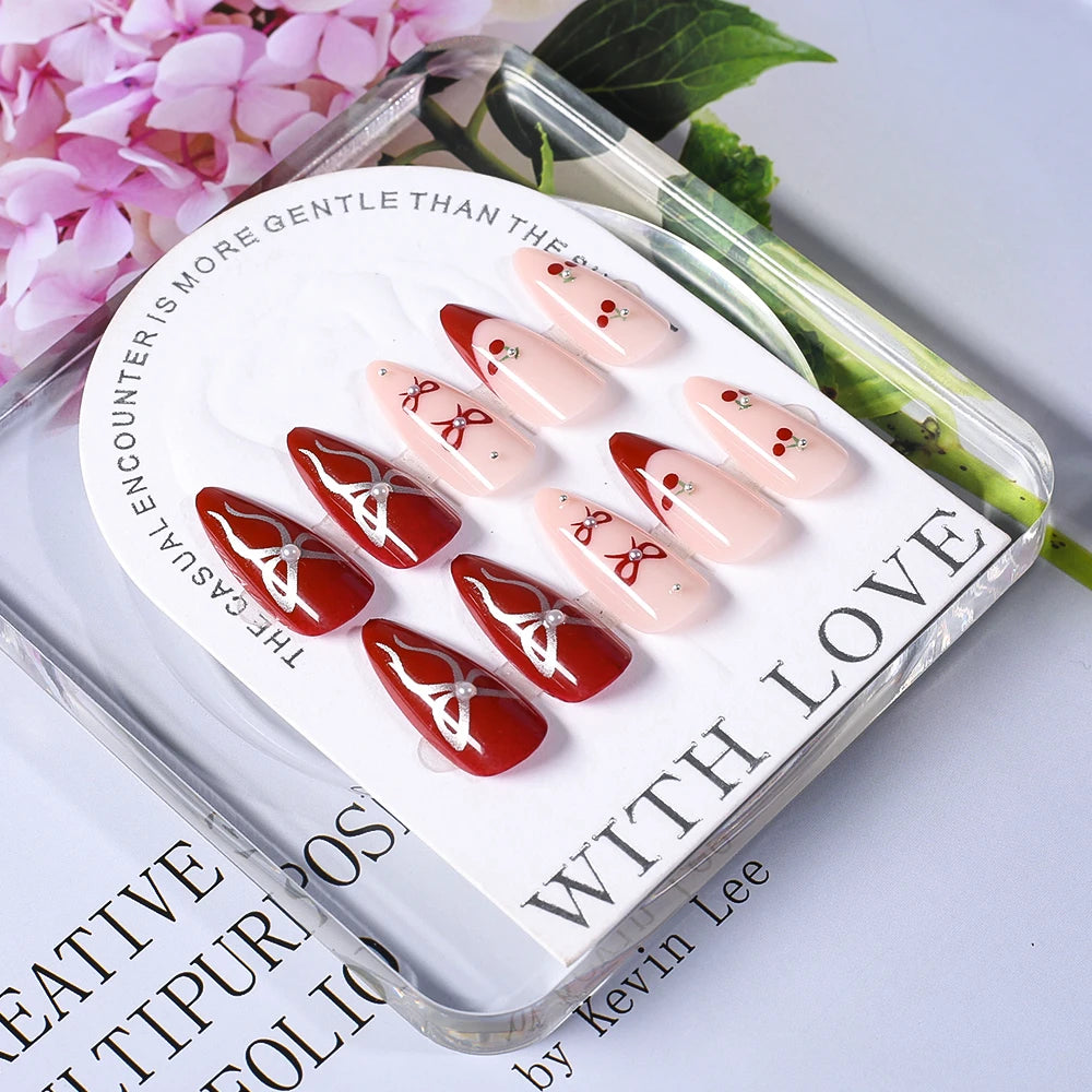24Pcs Cute Cherry French Almond False Nails with Bow Design Acrylic Wearable Artificial Press on Nails Full Cover Fake Nail Tips