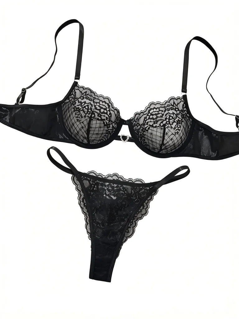 French Style Black Eyelash Lace Bralette and G-string Set - Elegant Sexy Lingerie with Heart Rhinestone Detail for Summer