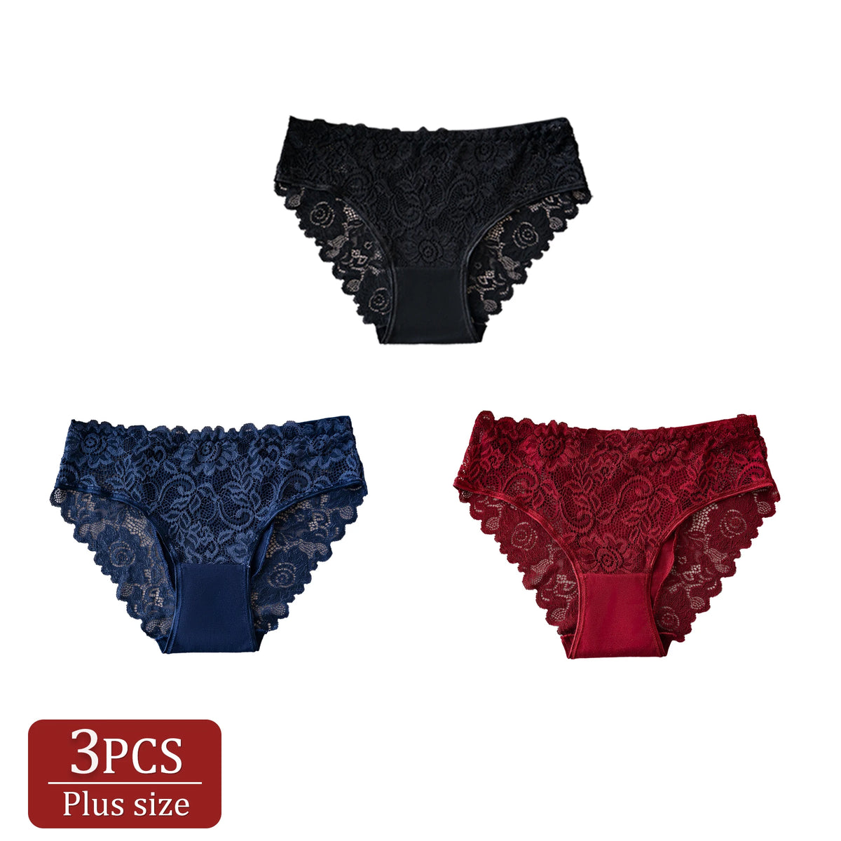 3PCS Plus-Size Elegant Women's Underwear Hollow Floral Embroidery Lace Sexy Panties Solid Color Briefs High Quality Lingerie