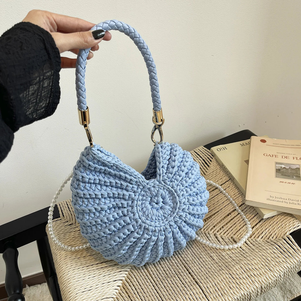 Handcrafted Shell Shaped Crossbody Bag Women's Beach Style Handbag City Simple Cotton Liner Soft round Shape Double Shoulder ...