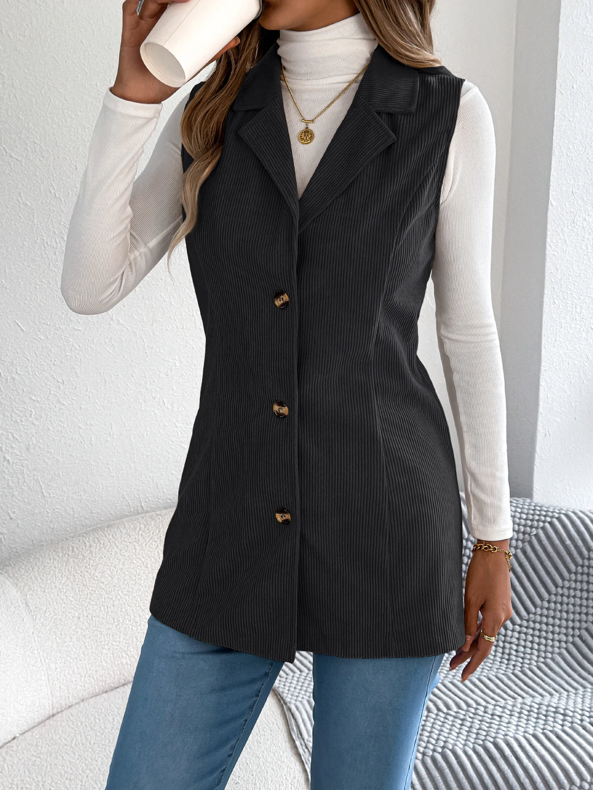 Autumn Winter Corduroy Coat Women 2026 Casual Solid Color Single Breasted Lapel Sleeveless Jacket Khaki Red Black Woman Clothing