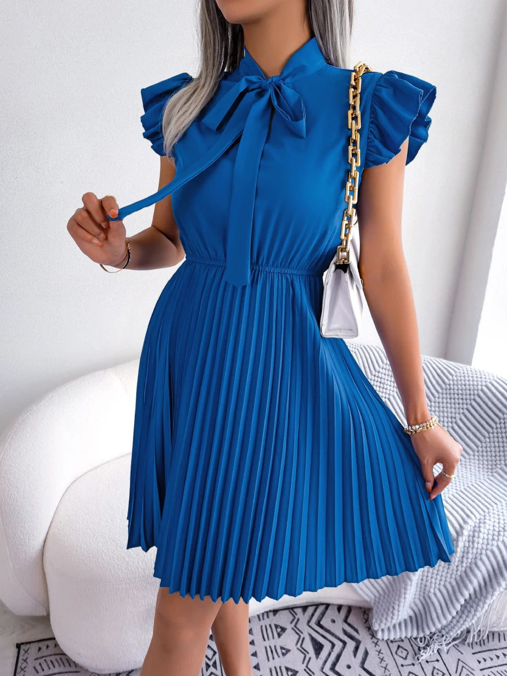 Elegant Bow Tie Pleated Dress 2026 Women Summer Solid Color Ruffles Short Sleeve Mini Dress Green Red Black Blue Woman Clothing
