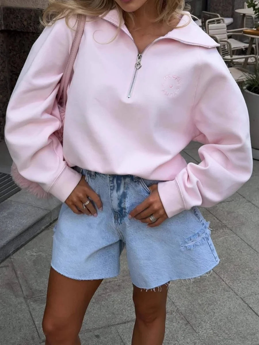Women's Fashion Pink Pullovers Casual Long Sleeve Loose Half Zip Letter Embroidery Top Autumn Winter Vintage Female Streetwear