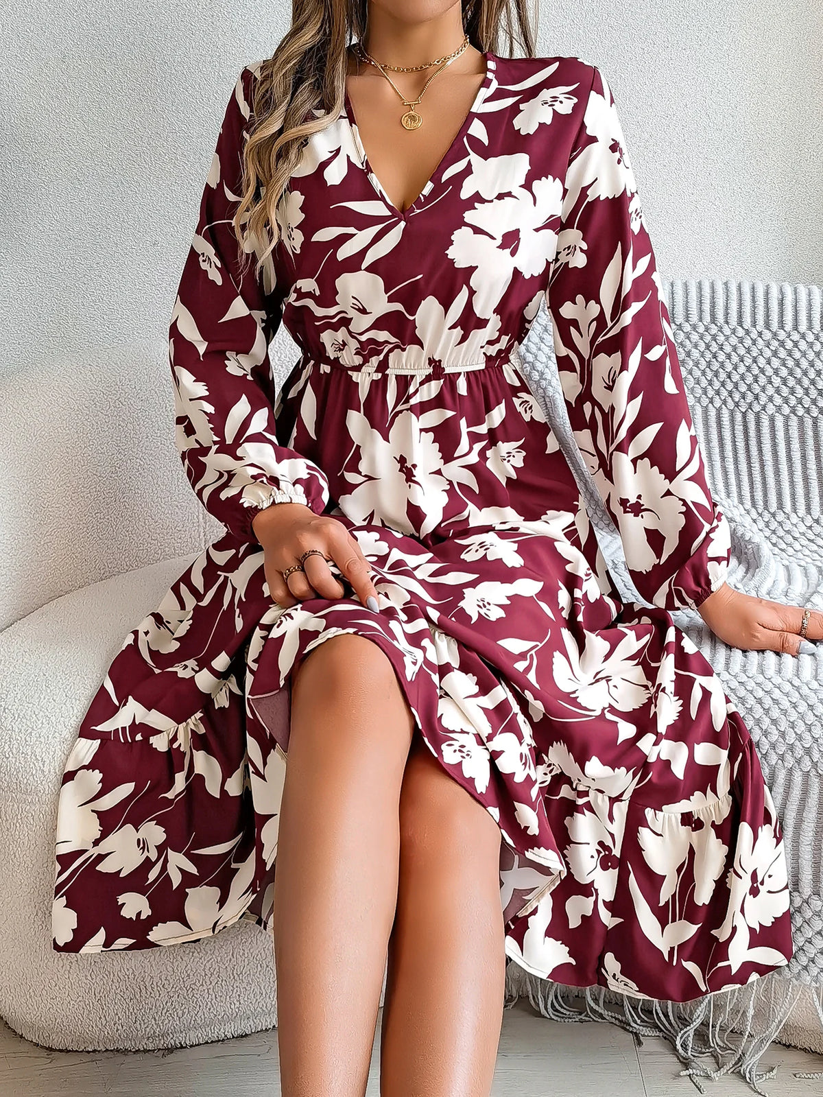 Spring Autumn Elegant V Neck Floral Print Dress 2026 Fashion Lantern Long Sleeve Ruffled Edge Maxi Dresses for Women Streetwear