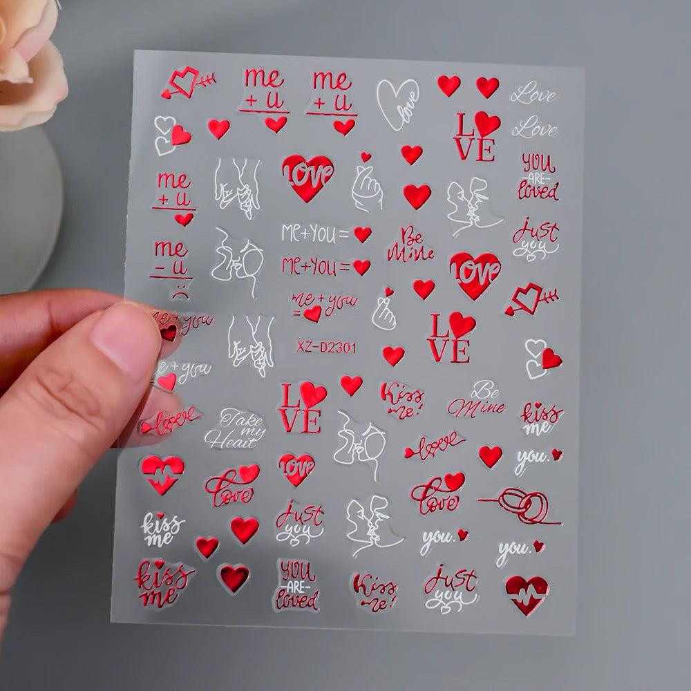 1Pc 3D Red Love Heart Nail Art Stickers Rose Flower Lip Self Adhesive Decals Valentine' Day Nail Sliders For Manicure Decoration