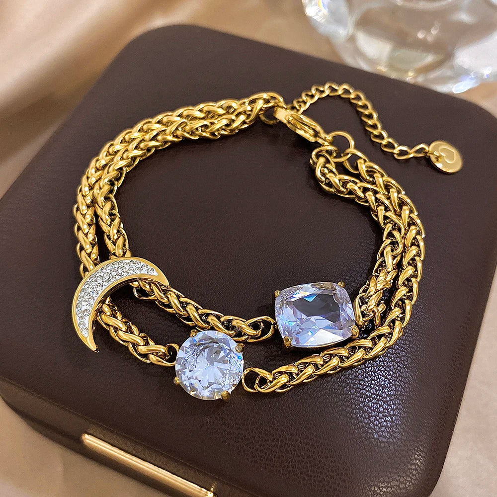 Flashbuy Women's Bracelet Golden Double Thick Chain Synthetic Zircon Geometric Moon Stainless Steel Bangle Statement Accessories