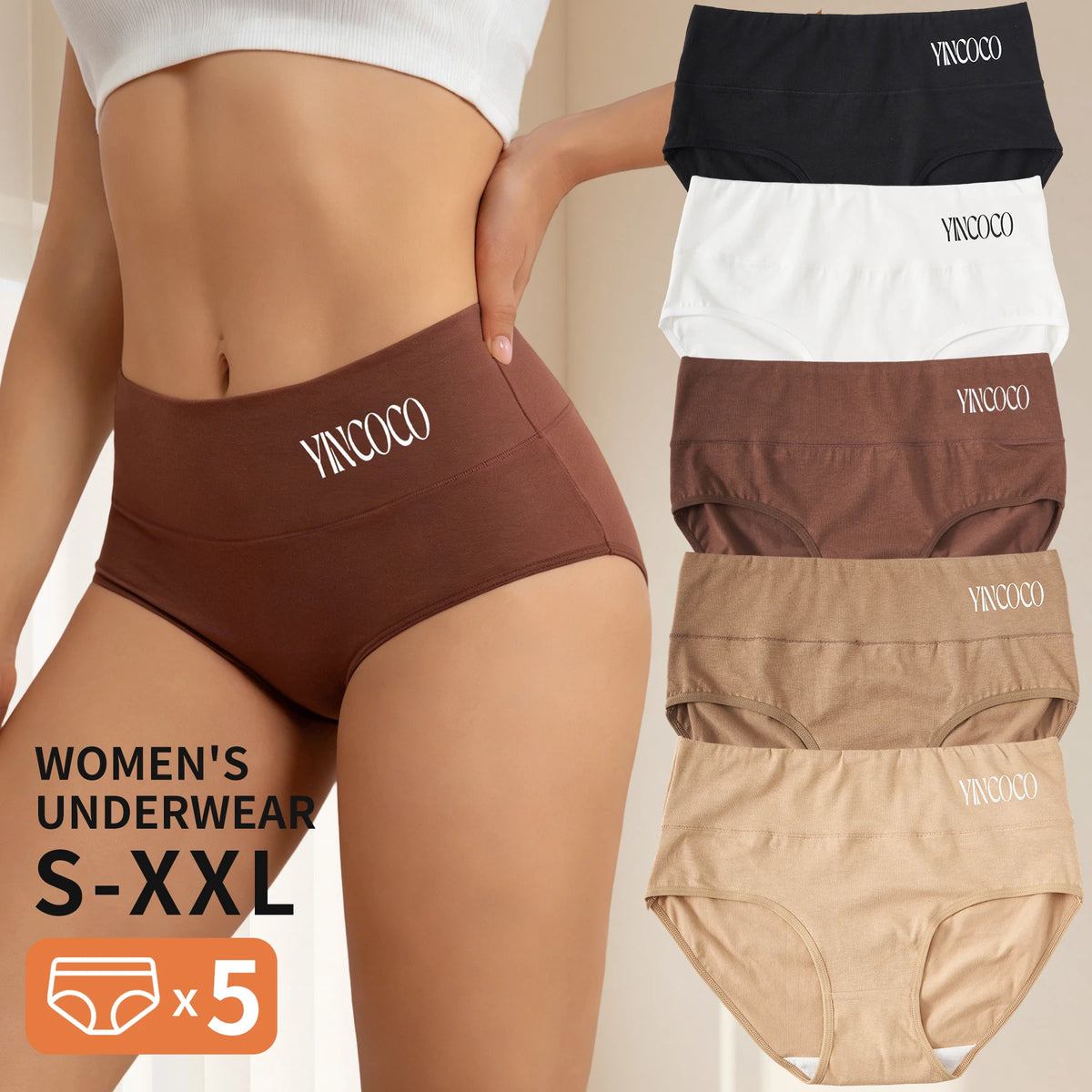 5PCS Women's High Waist Cotton Briefs Solid Color Letter Print Panties Elastic Breathable Comfortable Ladies Daily Underwear