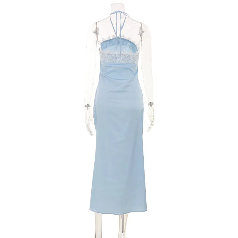Summer Vacation Sexy Satin Halter Neck Slim Maxi Dress Casual Lace Up High Waist Lace Patchwork Dresses Female Chic Streetwear