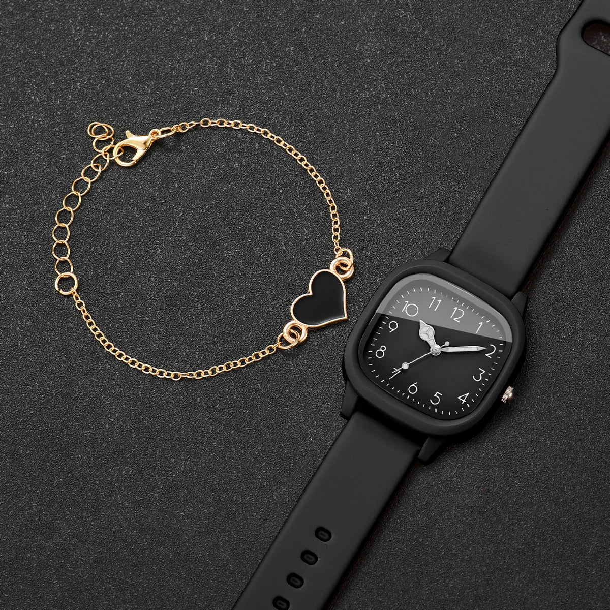 2PCS Fashion Women Watch Heart‑shaped Bracelet Set Square Black Dial Silicone Strap Wristwatch Relogio Feminino (Without Box)