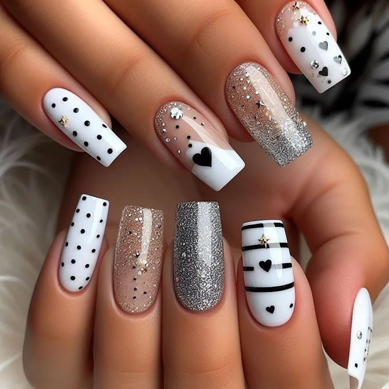 24Pcs Mid-length Ballet False Nails Red Love Pattern Design Press on Nails Simple Wearable Finished Coffin Fake Nail Tips
