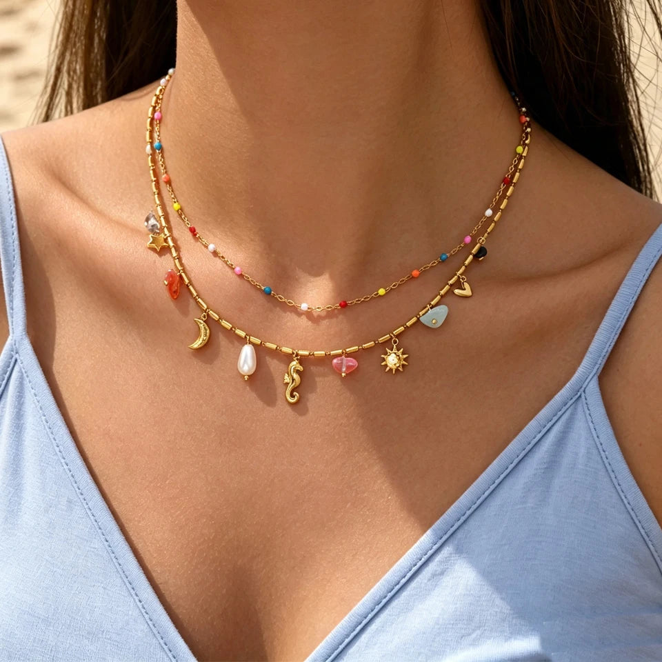 ZAKOL Fashion Double Oil Drip Necklace Ocean Style Stainless Steel Women's Natural Stone Seahorse Pendant Necklace Jewelry