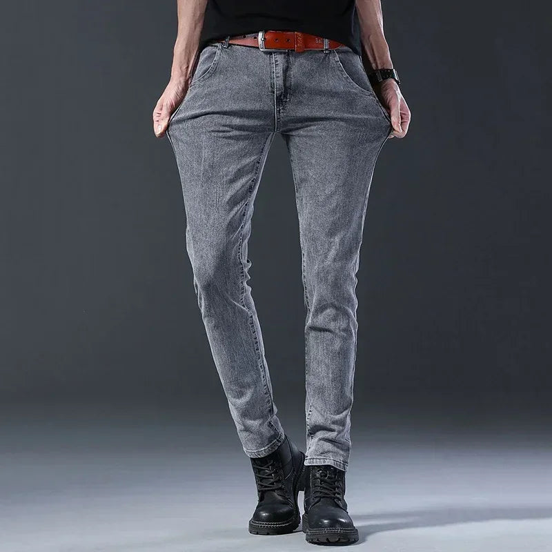 New Men Fashion Casual Business Denim Pants Male Slim Fit Straight Leg Trousers Stretch Solid Pants Size 27-38