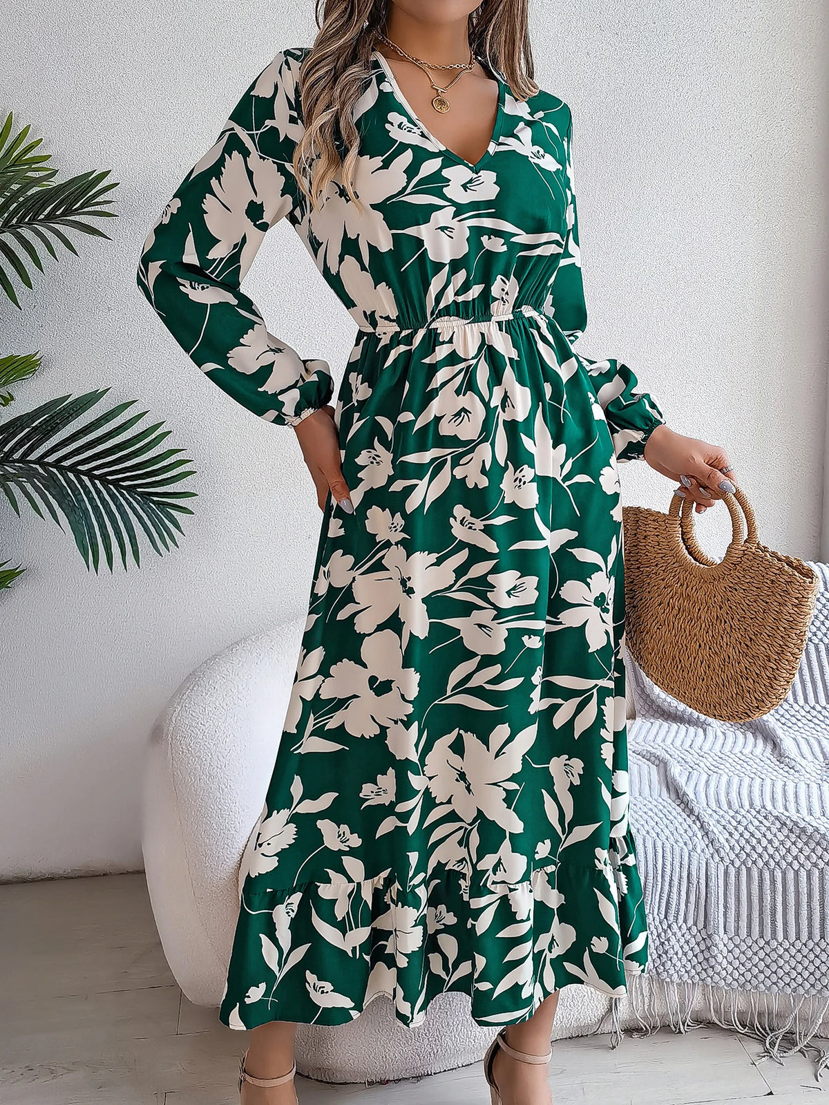 Spring Autumn Elegant V Neck Floral Print Dress 2026 Fashion Lantern Long Sleeve Ruffled Edge Maxi Dresses for Women Streetwear