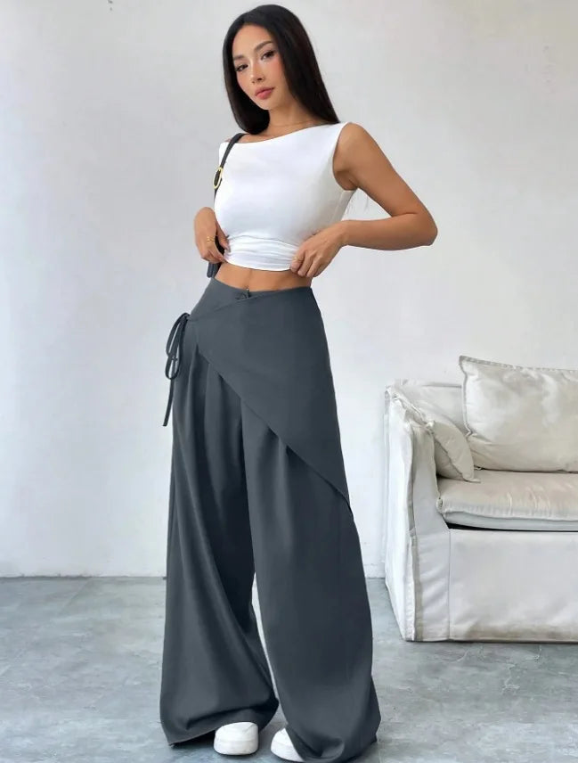 Elegant Irregular Suit Pants for Women High Waist Loose Wide Leg Pants Asymmetrical Lace Up Trousers Elastic Waist Casual Pants