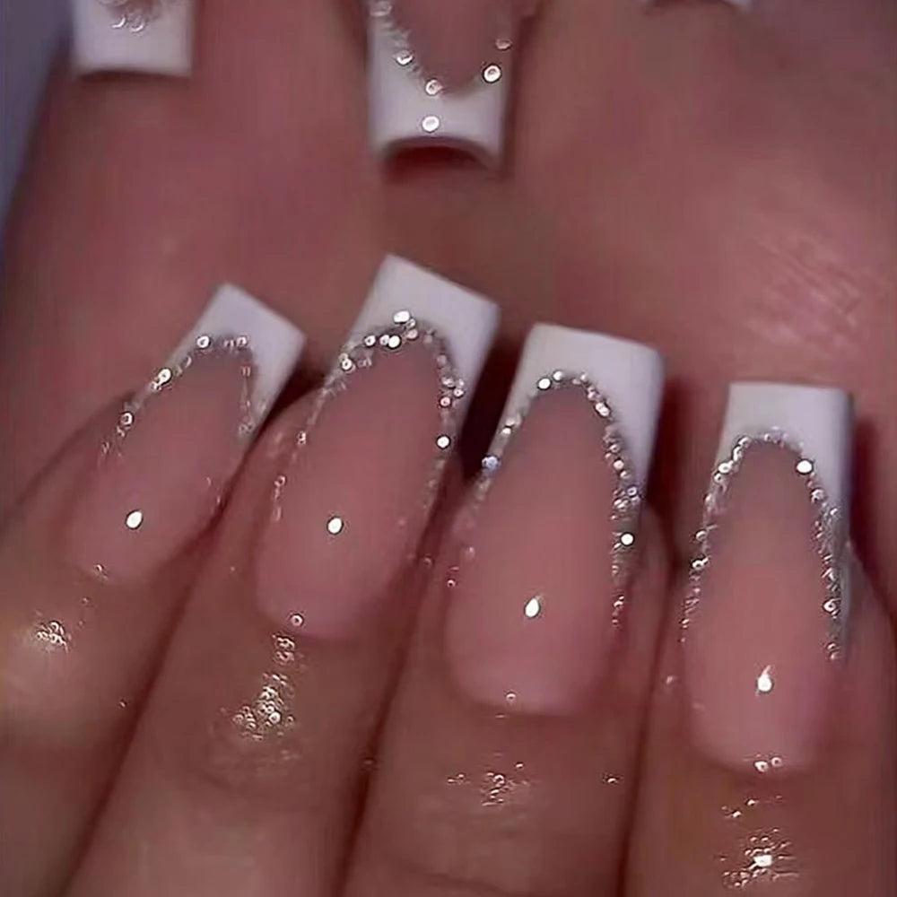 24Pcs Short Square Coffin French Glitter Press On Nails أظافر لاصقة فرنسية لامعة بشكل مربع – 24 قطعة