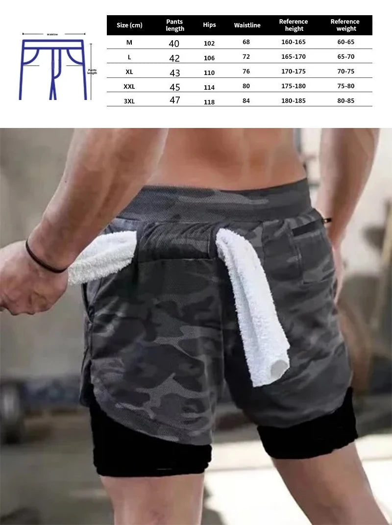 Men Running Shorts Camo Gym Sports Shorts 2 in 1 Quick Dry Workout Fitness Training Jogging Short Summer with Pocket Men Shorts