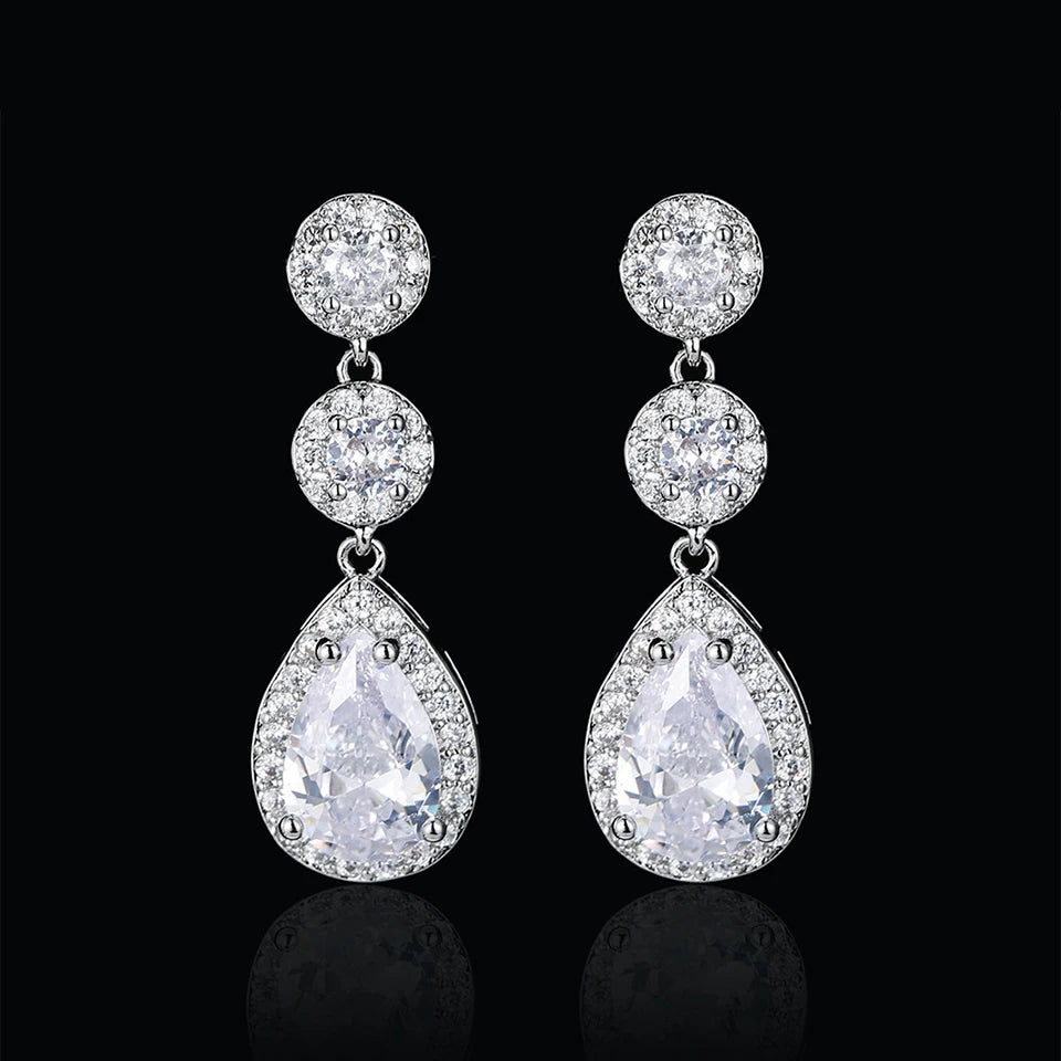 ZAKOL Luxury Zircon Wedding Long Dangle Earrings Round Water Drop AAA CZ Bridal Wedding Jewelry for Women