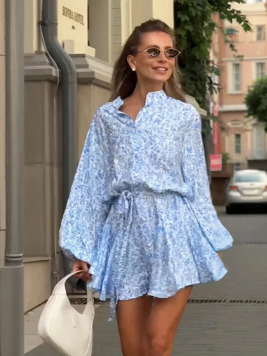 Elegant Floral Print Mini Dress for Women Long Sleeve V Neck Pleated High Waist Fashion Lady Evening Gowns 2025 Autumn Vacation