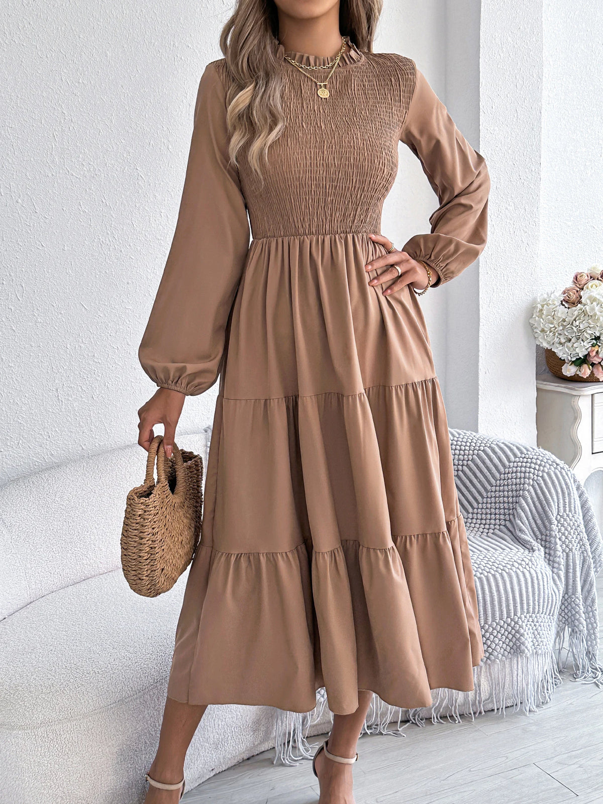 Autumn Winter Elegant Dress for Women Solid Color Round Neck Lantern Long Sleeve Ruffled Dresses Khaki Green Red Woman Clothing