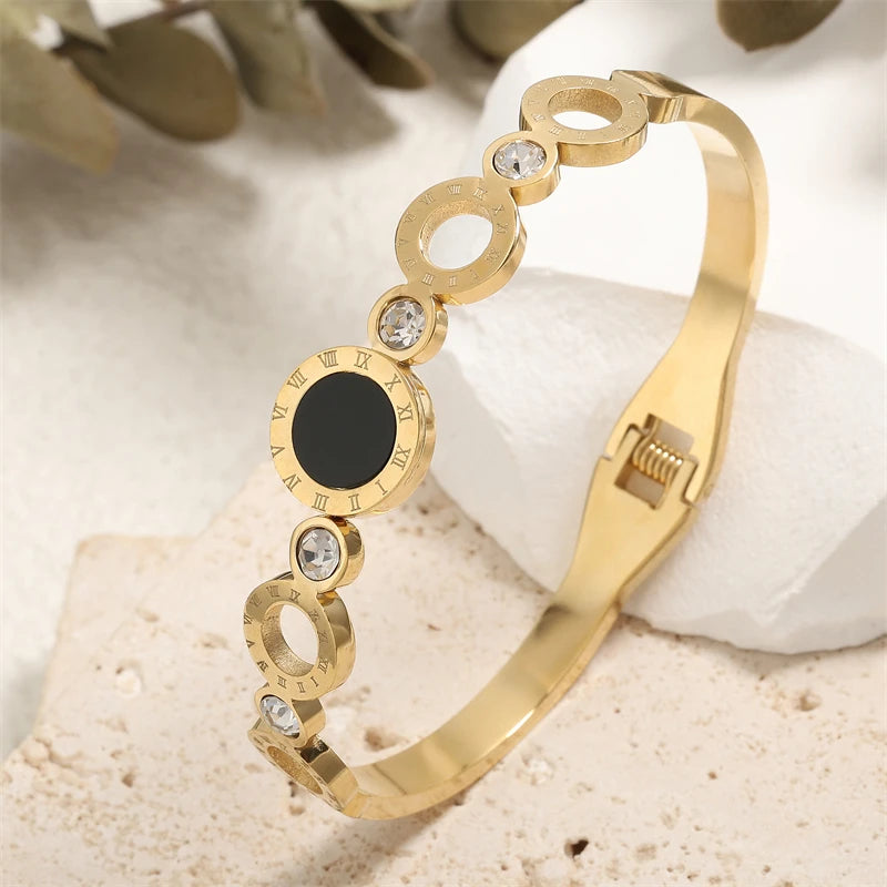 ZAKOL Fashion Black Shell Roman Numeral Titanium Steel Bangle Hollow Circle Button Bracelet Jewelry Gifts for Women