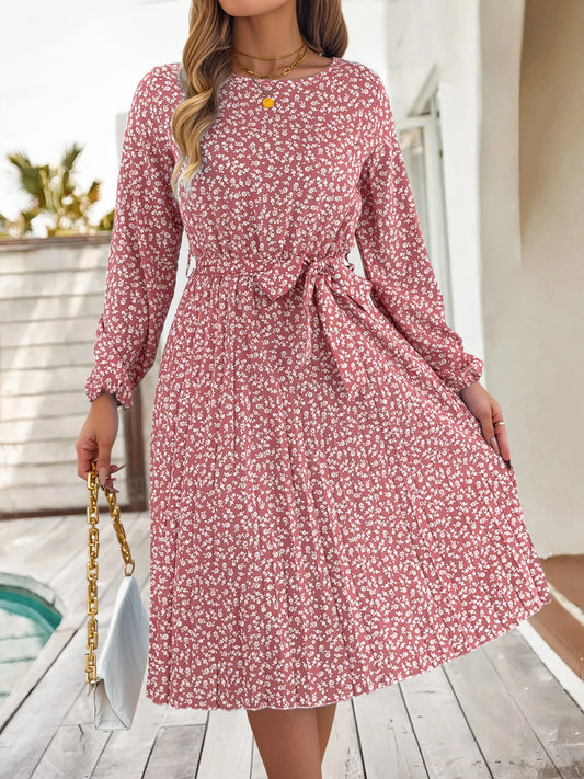 Elegant Floral Print Dress for 2026 Spring Summer Lantern Long Sleeve Waist Tie Pleated Dress Valentine's Day Woman Clothing