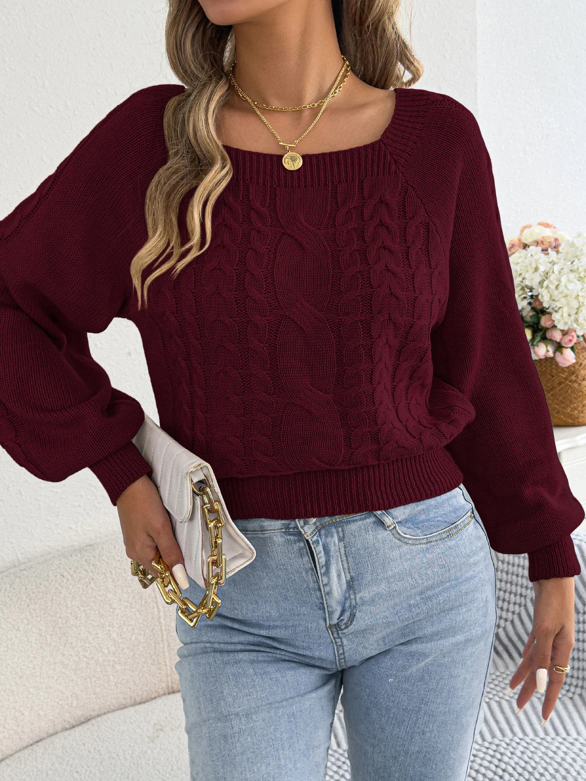 2026 Fashion Woman Sweaters for Autumn Winter Solid Color Square Neck Lantern Long Sleeve Twist Knitted Pullover Tops White Red