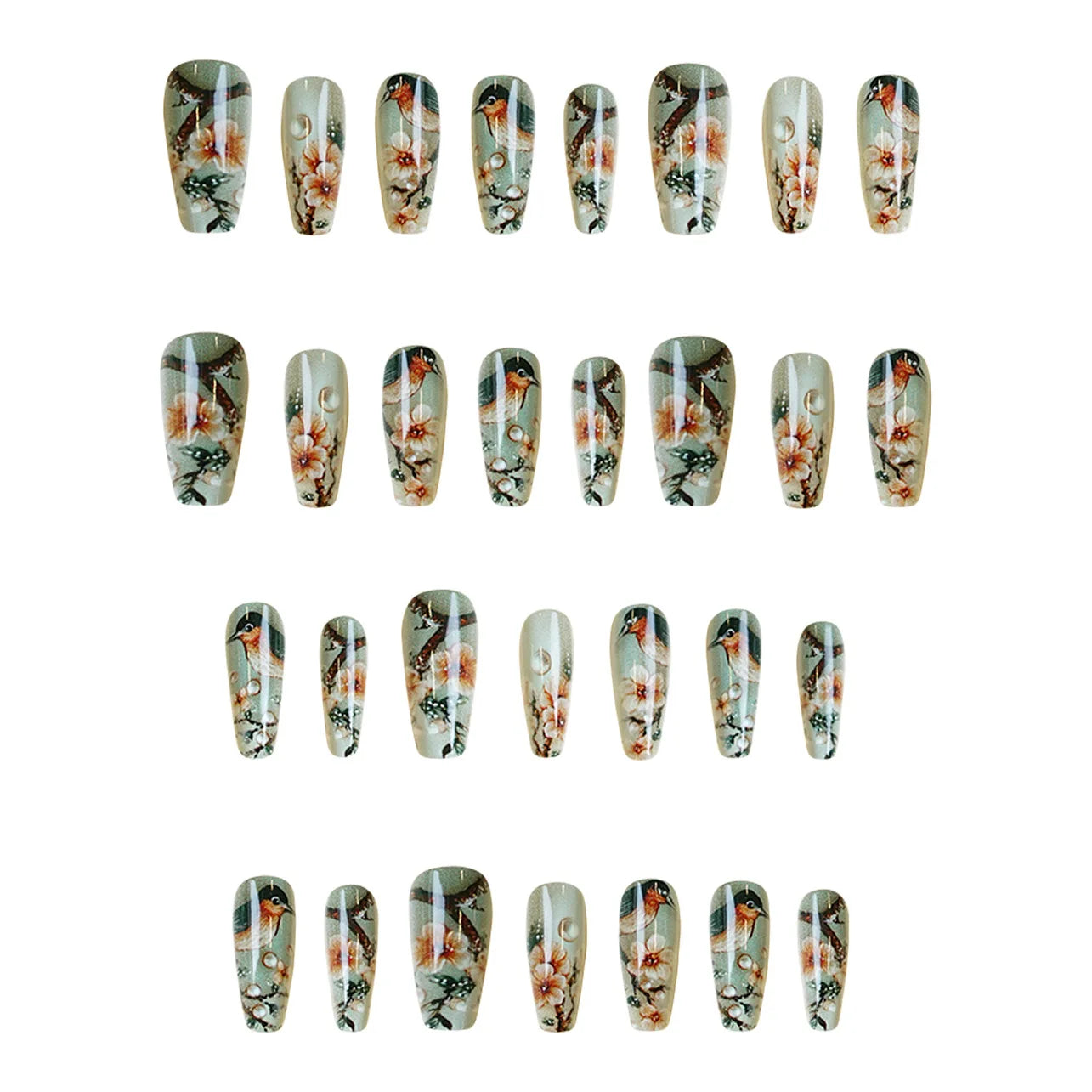 24pcs/set Medium long fake nails yellow dragon flowers feather design for Spring summer Square almond tips press on false nail