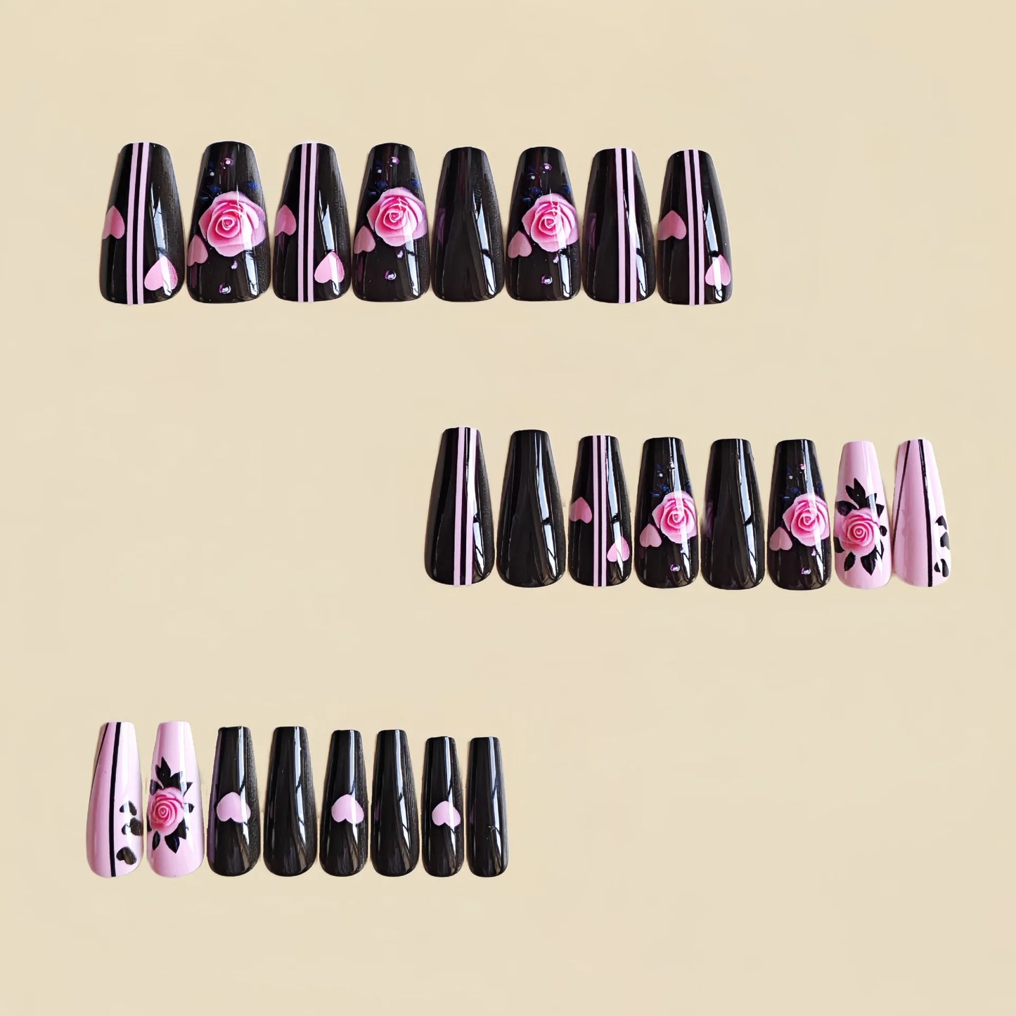 Medium long fake nails for women green white pink red flowers for Spring summer ballet tips full cover acrylic press on nail