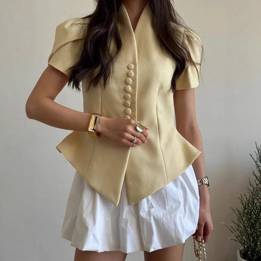 Casual Women's Stand Collar Puff Sleeve Shirts Elegant Waist-Closed Slim Button Short Sleeve Top 2026 Summer Daily Commute Tops