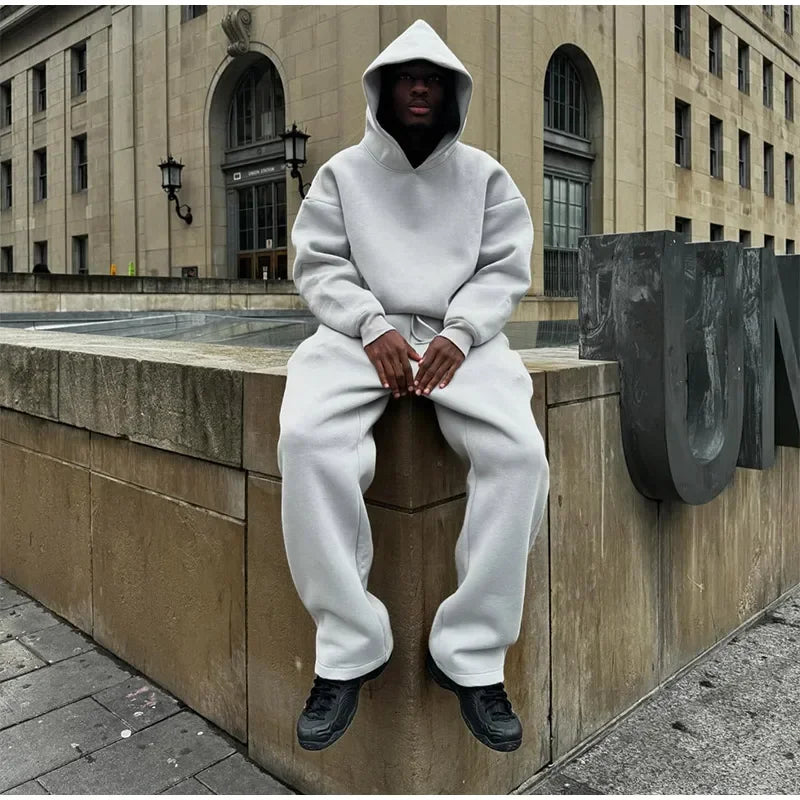 Solid Couple's Hooded Sweatshirt 2 Piece Set Casual Loose Sweatpants Suit Autumn Male Jogging Sweatshirt Trousers Outfits Suits