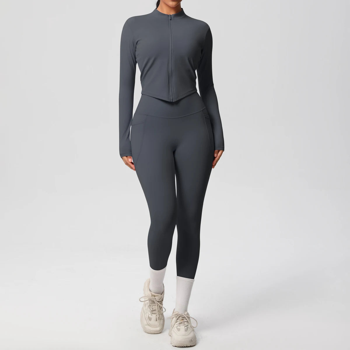2PCS Yoga Suit Women Gym Set Leggings With Pocketed Women Tracksuit Running Zipper Workout Sportswear Long Sleeve Sports Shirt