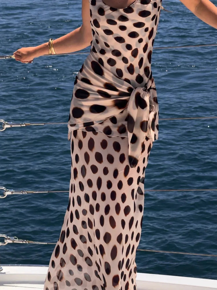 Summer Vacation Sexy Polka Dot Print Sling Maxi Dress Women Elegant Lace-up V-neck Sleeveless Backless Dresses Beach Party Gowns